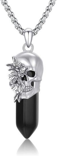 wholesale 925 Sterling Silver Obsidian Healing Crystal Dragon Head Pendant Necklaces for Men & Women-Skull