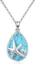 wholesale 925 Sterling Silver Teardrop Turquoise Shell & Starfish Pendant Necklace for Women-0-0