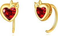 wholesale 14K Gold Heart-Shaped Red Crystal Cat Lover's Leverback Studs for Women-Cat Stud Earrings