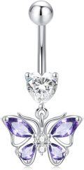 wholesale 925 Sterling Silver Hypoallergenic 14G Purple Butterfly Belly Button Ring - Lead & Nickel Free Dangling Navel Jewelry Gift-0-0