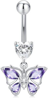 wholesale 925 Sterling Silver Hypoallergenic 14G Purple Butterfly Belly Button Ring - Lead & Nickel Free Dangling Navel Jewelry Gift-Purple
