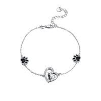 wholesale 925 Sterling Silver Cat Paw Heart Charm Bracelet Wholesale With Black Enamel And Crystal Accents-F-Cat And Dog