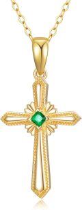wholesale 14K Gold GME Simulated Emerald Cross Pendant Necklace, Adjustable Chain, Hypoallergenic, Gift Box-0-0