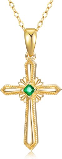 wholesale 14K Gold GME Simulated Emerald Cross Pendant Necklace, Adjustable Chain, Hypoallergenic, Gift Box-Style-2-Emerald