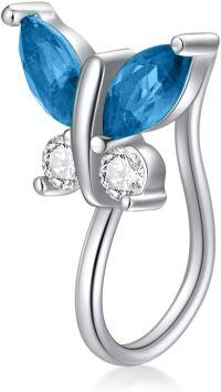 wholesale 925 Sterling Silver Simulated Birthstone Butterfly Clip On Nose Cuff for Non Pierced Nose-Aqua Blue