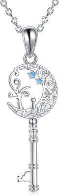 wholesale 925 Sterling Silver Crescent Moon Star Cat Tree of Life Pendant Key Necklace with Blue Enamel Accents-0-0
