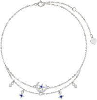 wholesale 14K Gold Real Diamond Moon & Stars Charm Anklet for Women -  Tone Chain with Blue Stones and CZ Accents-White Gold