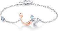 wholesale 925 Sterling Silver Moonstone Charm Mermaid Bracelet with Rose Gold Tone Tail and Blue Topaz Accent-Mermaid Bracelet