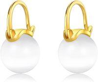 wholesale Gold 925 Sterling Silver Round White Shell Pearl Leverback Hoop Earrings 23mm Diameter-White
