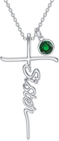 wholesale 925 Sterling Silver Birthstone Cross Sister Initial Pendant Necklace-05-May