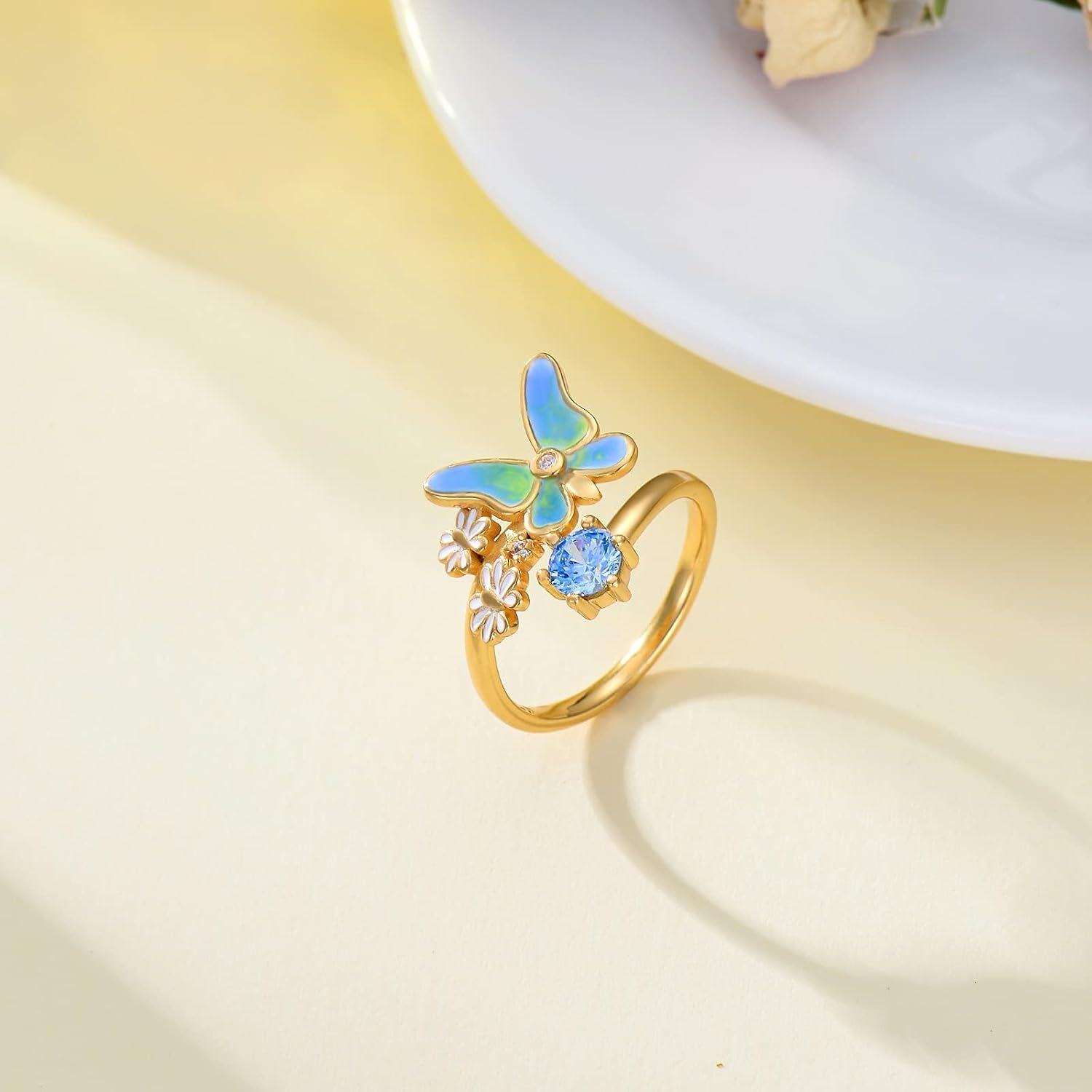 Sterling Silver Butterfly Daisy Adjustable Rings for Women-0-4