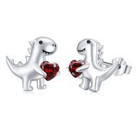 wholesale 925 Sterling Silver Platinum Plated Cute Dinosaur Red Heart Crystal Stud Earrings-A-Jan-Garnet