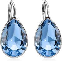 wholesale 925 Sterling Silver & Austrian Crystal Teardrop Pear Cut Leverback Earrings-Aquamarine