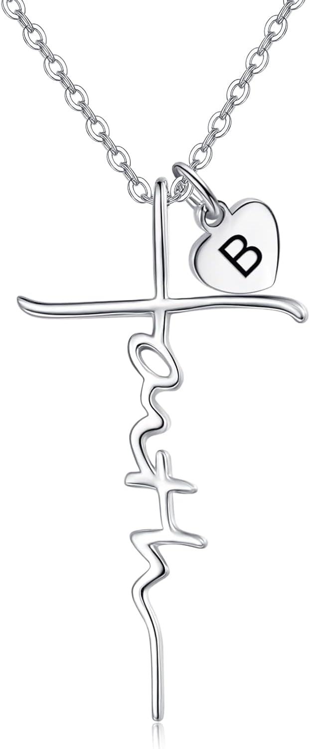 Sterling Silver Birthstone Faith Cross Pendant Necklace for Women-B