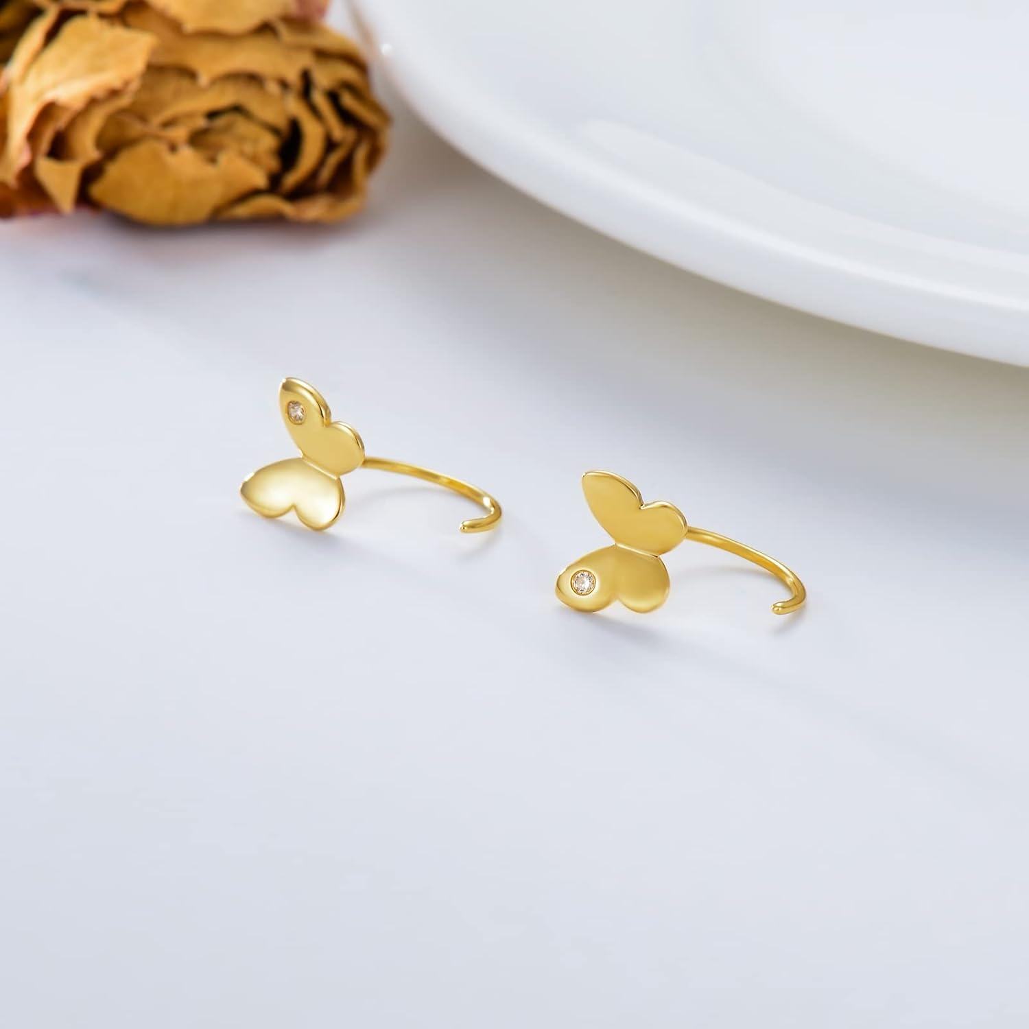 14K Gold Opal Butterfly Infinity Heart Cross Triangle Lightning Daisy Huggie Hoop Earrings for Women-0-3