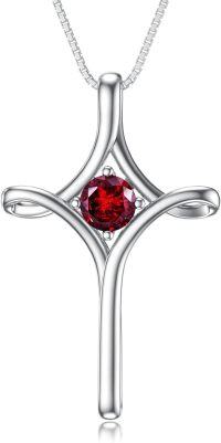 wholesale  Sterling Silver Birthstone Cross Necklace for Women Fine Jewelry Gift -01-Garnet-January
