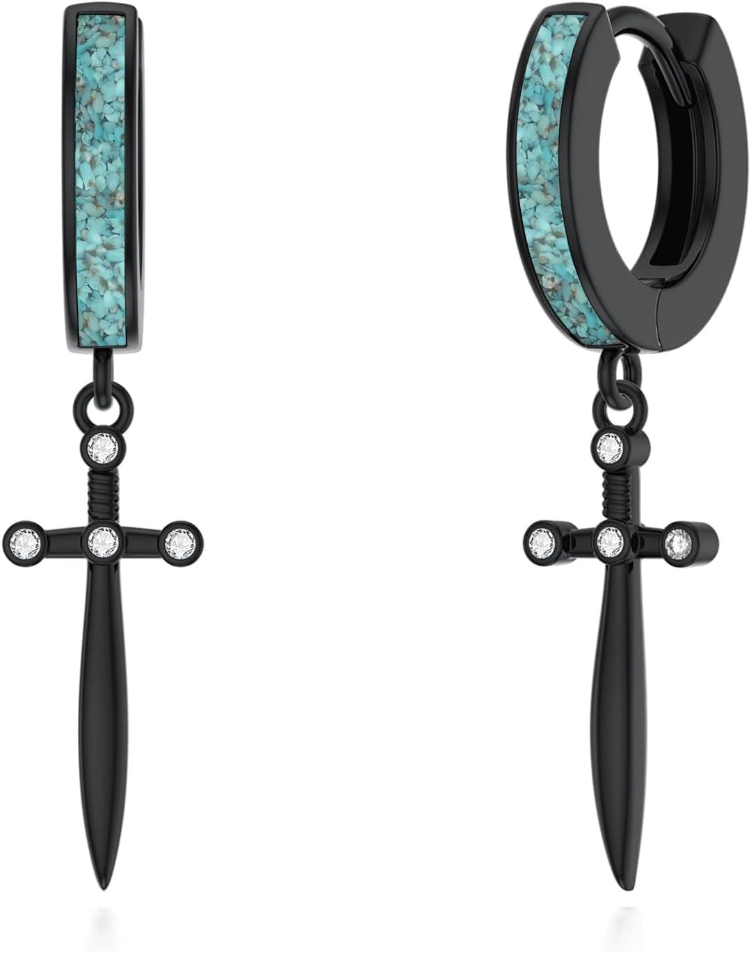 Sterling Silver Turquoise Black Butterfly Skull Cross Star David Sword Lightning Bolt Feather Hoop Drop Earrings-Sword