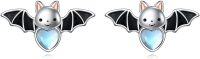 wholesale 925 Sterling Silver Heart-Shaped Bat Stud Earrings with Blue Moonstones and Black Enamel Wings-bat
