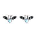 wholesale 925 Sterling Silver Heart-Shaped Bat Stud Earrings with Blue Moonstones and Black Enamel Wings-0-0