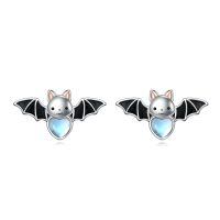 wholesale 925 Sterling Silver Heart-Shaped Bat Stud Earrings with Blue Moonstones and Black Enamel Wings-bat