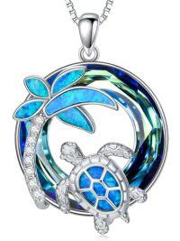 wholesale Turtle Gifts S925 Sterling Silver Crystal Sea Turtle Necklace Christmas Gifts For Women, 18+2 Inch -color_name:13-Blue-Palm Tree
