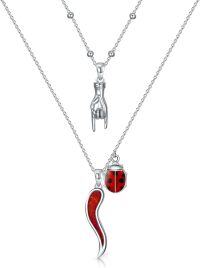 wholesale 925 Sterling Silver Red Opal Evil Eye Ladybug Black Cat Hand Charm Layered Pendant Necklaces for Women Girls s 43cm Chain Length-ladybug Italian Horn