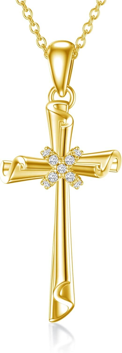 Yellow Gold 14K Women s Crucifix Cross Pendant Necklace 16+1+1 Inch-0-0