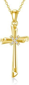 wholesale Gold Yellow Gold 14K Diamond Scroll Cross Pendant Necklace for Women - 28cm Chain Length-0-0