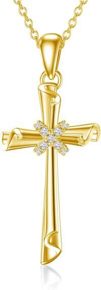 wholesale Gold Yellow Gold 14K Diamond Scroll Cross Pendant Necklace for Women - 28cm Chain Length-STYLE-1-Bigger Size
