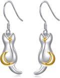 wholesale 925 Sterling Silver Crescent Moon Cat Drop Earrings with Gold Accents-0-0
