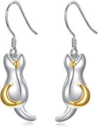 wholesale 925 Sterling Silver Crescent Moon Cat Drop Earrings with Gold Accents-Cat B
