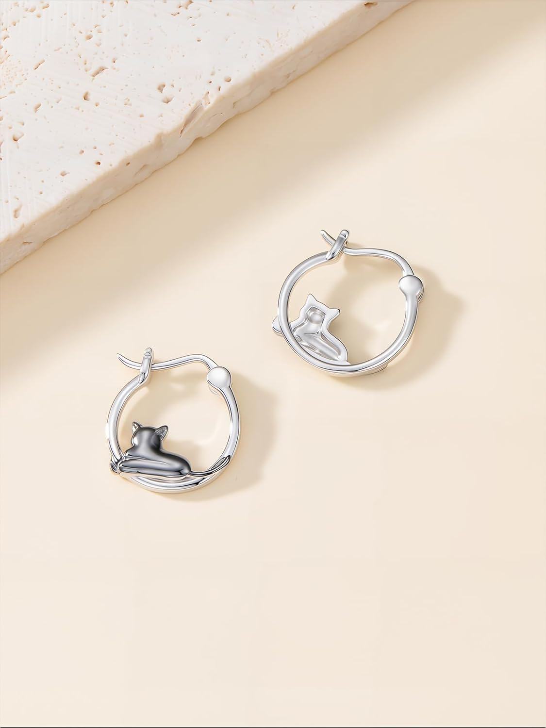 wholesale 925 Sterling Silver Black Cat Huggie Hoop Earrings for Sensitive Ears Cute Animal s for Women-0-2
