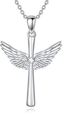 wholesale 925 Sterling Silver Angel Wing Cross Pendant Necklace with Cubic Zirconia for Women-Style B