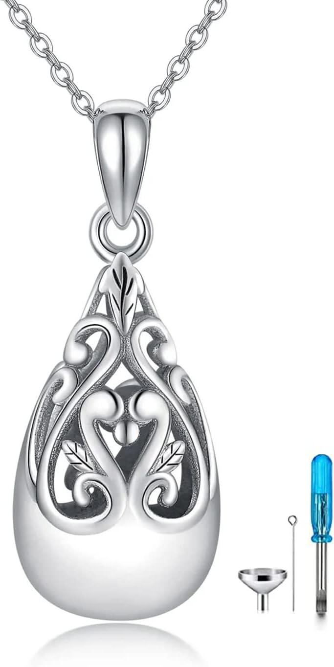wholesale 925 Sterling Silver Filigree Tear Drop Cremation Keepsake Pendant with Chain and Funnel Set-0-0
