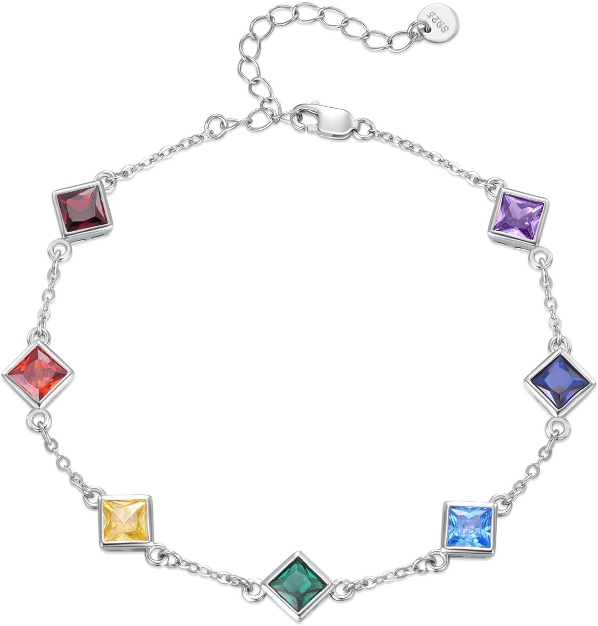 wholesale 925 Sterling Silver Square Multi-Color Stones 7 Chakras Yoga Bracelet for Women Wife Girlfriend-0-0