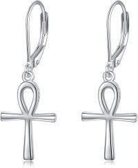 wholesale 925 Sterling Silver Egyptian Ankh Cross Drop Earrings for Women Girls  4cm Long-Ankh Cross Leverback Earrings