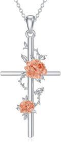 wholesale 925 Sterling Silver Rose Gold Plated Flower Cross Pendant Necklace for Women-0-0