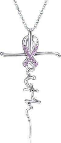 wholesale 925 Sterling Silver Birthstone Faith Cross Pendant Necklace for Women Religious Jewelry Gifts-Silver-06-Jun