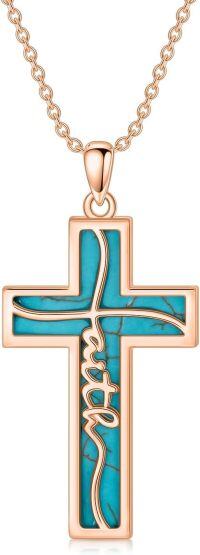 wholesale  Sterling Silver Genuine Gemstone Faith Cross Necklace for Women -A3-Natural Turquoise-Rose Gold Color
