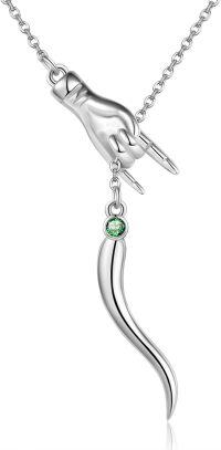 wholesale 925 Sterling Silver Birthstone Italian Horn Hand Necklace Cornicello Mano Cornuto Good Luck Amulet Pendant for Women-05-May-Created Emerald