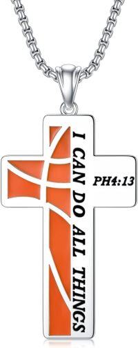 wholesale 925 Sterling Silver Orange Cross Pendant Necklace  with Bible Verse PH4:13-Basketball