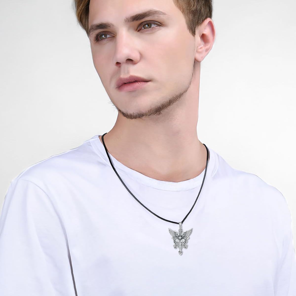 925 Sterling Silver Gothic Skull Wings Cross Pendant Necklace s for Men/Women-0-1