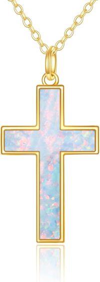 wholesale 14K Gold Opal Stone Delicate Heart Cross Pendant Necklace for Women-Opal Cross