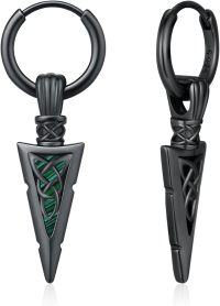 wholesale Sterling Silver Arrowhead Celtic Knot Viking Hoop Earrings for Men Women-Black-Malachite