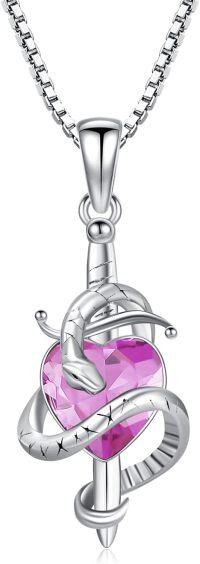 wholesale 925 Sterling Silver Birthstone Snake Sword Pendant Necklace for Women-925 Silver#10-October-Pink Tourmaline