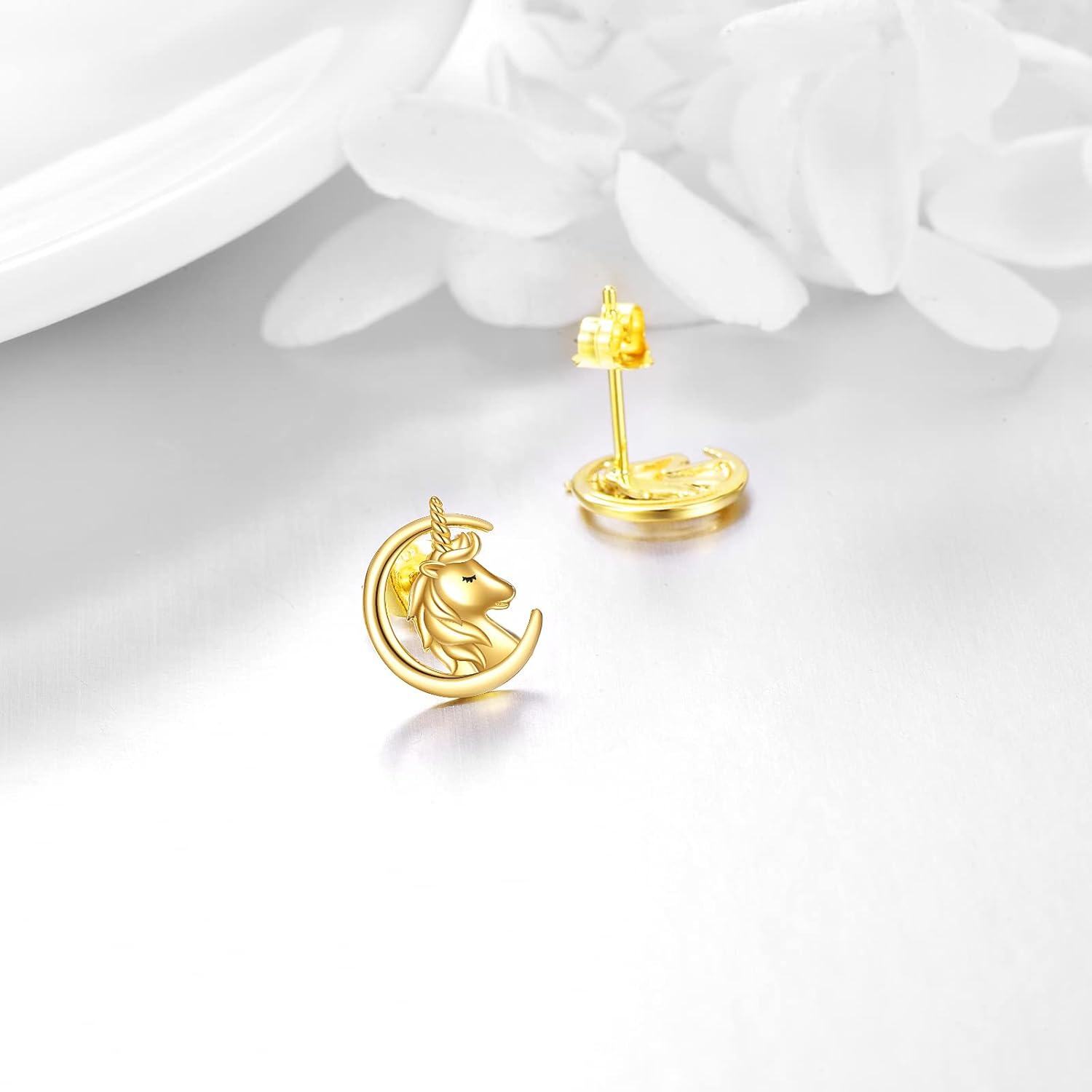 14K Gold Moon Stone Animal Earrings Solid Gold Studs for Women Real Jewelry Gifts-0-3