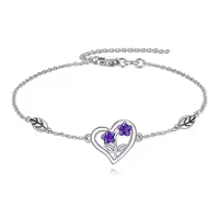 wholesale 925 Sterling Silver Purple Flower Heart Charm Bracelet Wholesale Gift for Women-D-Violet