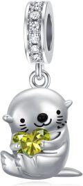 wholesale 925 Sterling Silver & Peridot Otter Charm Bead - 11.2x15mm, Zircon Accent, August Birthstone Jewelry for Bracelets-0-0
