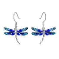 wholesale 925 Sterling Silver Blue Enamel Dragonfly Drop Earrings for Women Girls  4cm Long-blue dragonfly