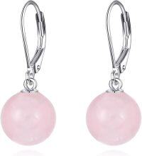 wholesale 925 Sterling Silver Yellow Jade Round Ball Leverback Dangle Drop Earrings for Women-Rose Quartz
